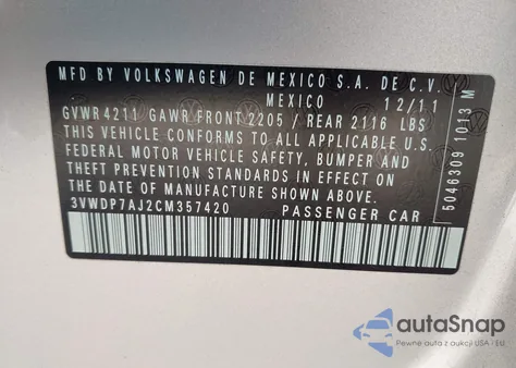 2012 Volkswagen Jetta 2.5L Se from USA, damaged, VIN 3VWDP7AJ2CM357420